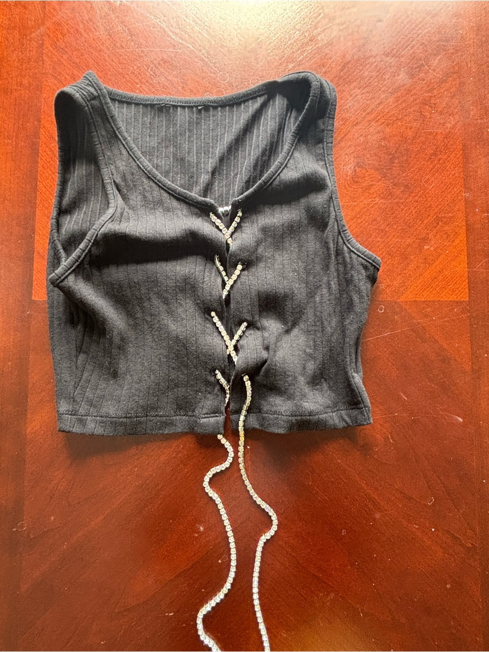 Ribbed Black Crop Tank with Rhinestone Lace-Up